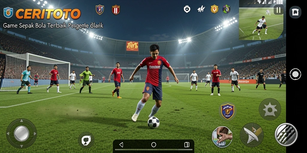 Screenshot gameplay CERITOTO yang menampilkan aksi seru di lapangan sepak bola.