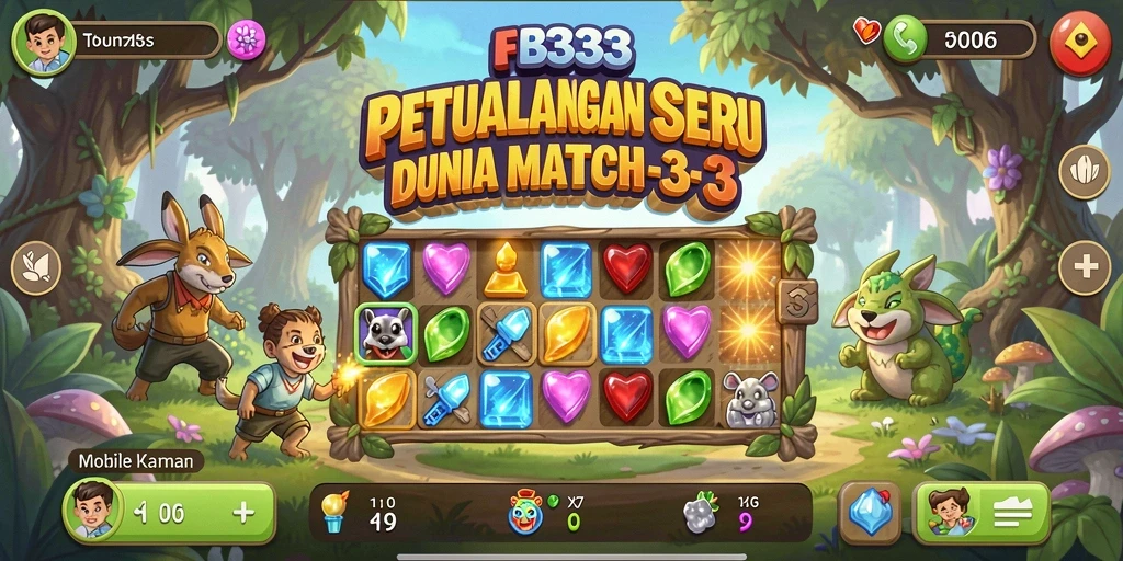 Screenshot FB333 menampilkan gameplay match-3 yang penuh warna.