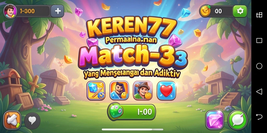 Tampilan gameplay KEREN77 dengan elemen Match-3 yang berwarna-warni.