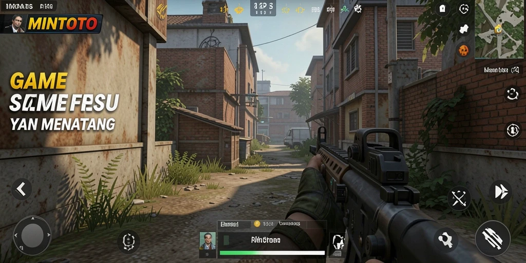 Screenshot MINTOTO dengan aksi gameplay FPS yang mendebarkan.