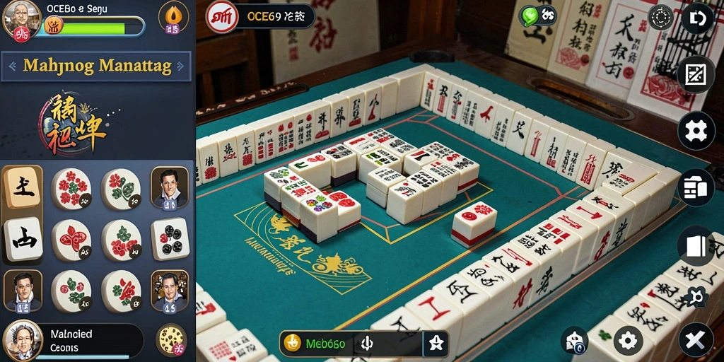 Tampilan gameplay OCE69 yang menampilkan ubin Mahjong yang berwarna-warni.