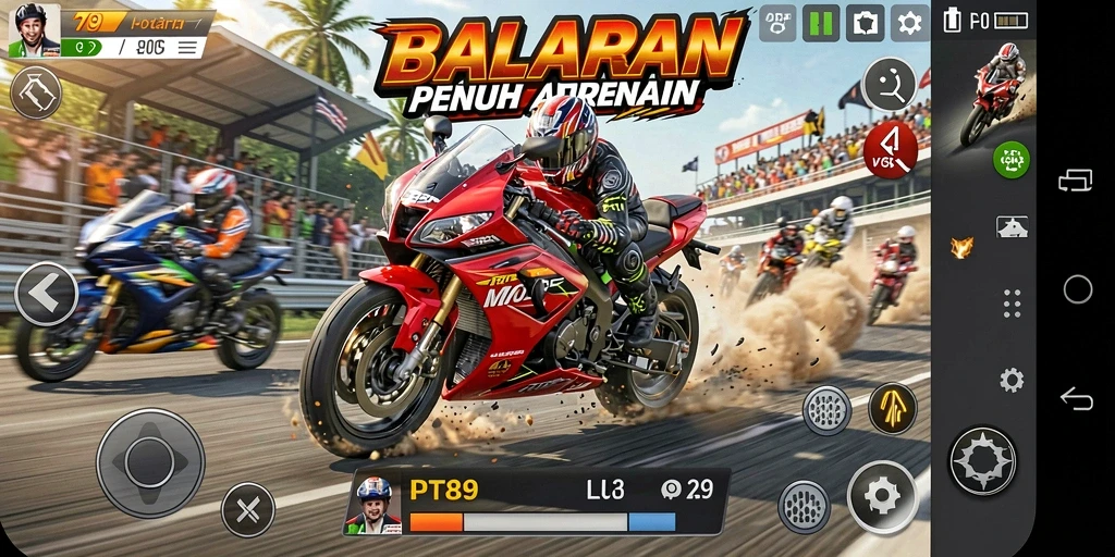 Gameplay seru di PT89 menunjukkan balapan motor yang mendebarkan.