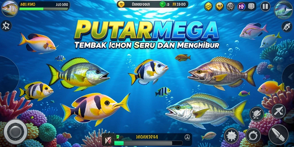 Screenshot gameplay PUTARMEGA dengan suasana laut yang hidup.