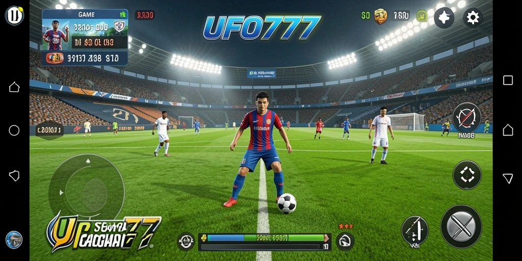 Tangkapan layar permainan UFO777 memperlihatkan aksi sepak bola yang mendebarkan.